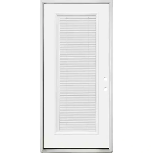 Steves & Sons 32 in. x 80 in. Reliant Clear Full Lite LHIS White Micro-Blind White Primed Fiberglass Prehung Front Door Nickel Hinges