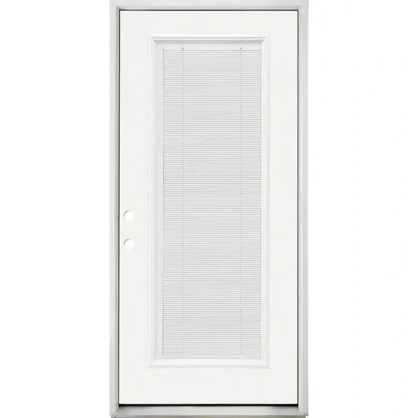 Steves & Sons 32 in. x 80 in. Reliant Clear Full Lite RHIS White Micro-Blind White Primed Fiberglass Prehung Front Door Nickel Hinges
