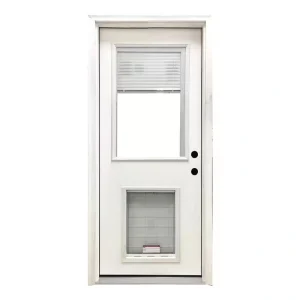 Steves & Sons 32 in. x 80 in. Reliant Series Clear Mini-Blind LHIS White Primed Fiberglass Prehung Front Door with XL Pet Door