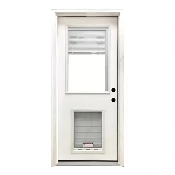 Steves & Sons 32 in. x 80 in. Reliant Series Clear Mini-Blind LHIS White Primed Fiberglass Prehung Front Door with XL Pet Door