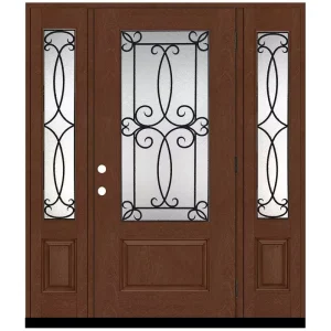 Steves & Sons Regency 64 in. x 80 in. 3/4Lite Georgian Decorative Glass LHOS Chestnut Mahogany Fiberglass Prehung Front Door w/12inSLs