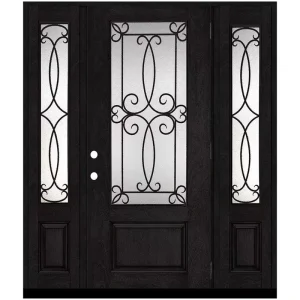 Steves & Sons Regency 64 in. x 80 in. 3/4Lite Georgian Decorative Glass LHOS Onyx Mahogany Fiberglass Prehung Front Door w/Dbl12in.SL