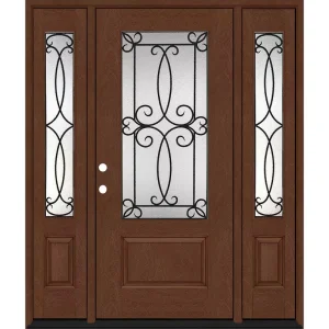 Steves & Sons Regency 64 in. x 80 in. 3/4Lite Georgian Decorative Glass RHIS Chestnut Mahogany Fiberglass Prehung Front Door w/12inSLs
