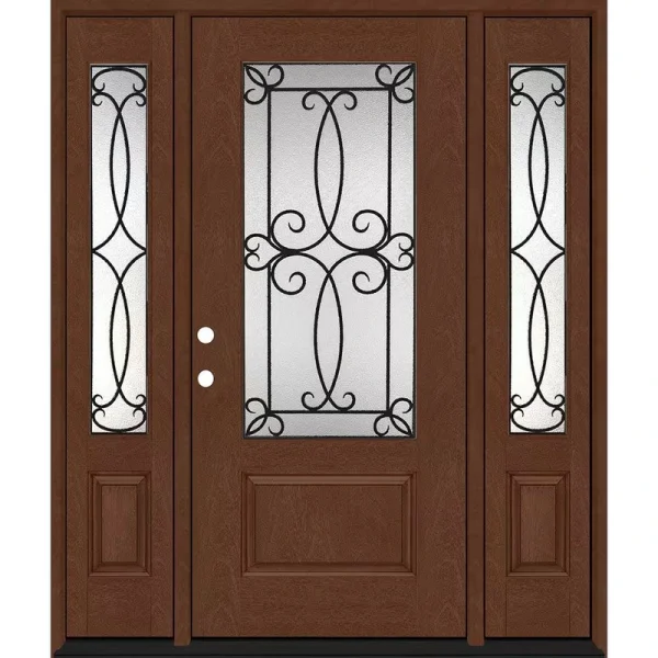 Steves & Sons Regency 64 in. x 80 in. 3/4Lite Georgian Decorative Glass RHIS Chestnut Mahogany Fiberglass Prehung Front Door w/12inSLs