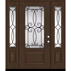Steves & Sons Regency 64 in. x 80 in. 3/4Lite Georgian Decorative Glass RHOS Hickory Mahogany Fiberglass Prehung Front Door w/12in.SLs