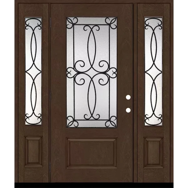 Steves & Sons Regency 64 in. x 80 in. 3/4Lite Georgian Decorative Glass RHOS Hickory Mahogany Fiberglass Prehung Front Door w/12in.SLs