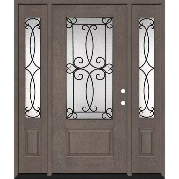 Steves & Sons Regency 64 in. x 80 in. Georgian Decorative Glass LHIS 3/4Lite Ashwood Mahogany Fiberglass Prehung Front Door w/12in.SLs