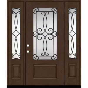 Steves & Sons Regency 64 in. x 80 in. Georgian Decorative Glass LHOS 3/4Lite Hickory Mahogany Fiberglass Prehung Front Door w/12in.SLs