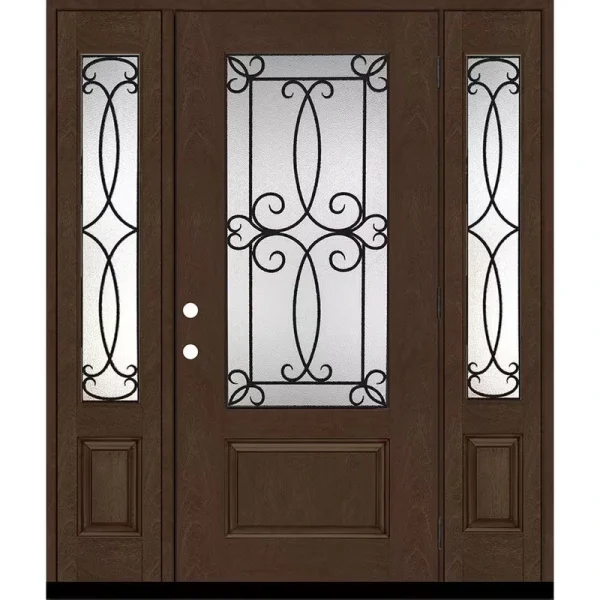 Steves & Sons Regency 64 in. x 80 in. Georgian Decorative Glass LHOS 3/4Lite Hickory Mahogany Fiberglass Prehung Front Door w/12in.SLs