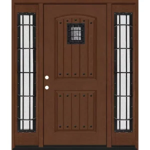 Steves & Sons Regency 68 in. x 80 in. 2Panel Plank Cavalier Speakeasy RHIS Chestnut Fiberglass Prehung Front Door w/Cav Dbl 14in.SL