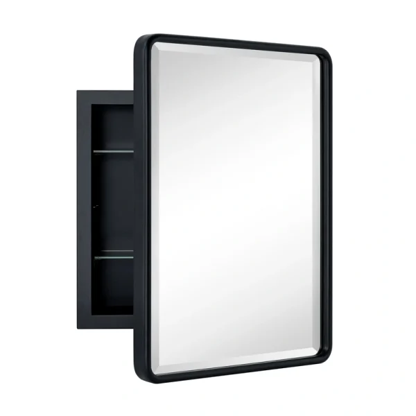 TEHOME 14-in x 18-in Recessed Mount Matt Black Mirrored Medicine Cabinet