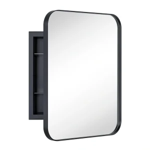 TEHOME 14-in x 18-in Recessed Mount Matte Black Mirrored Medicine Cabinet