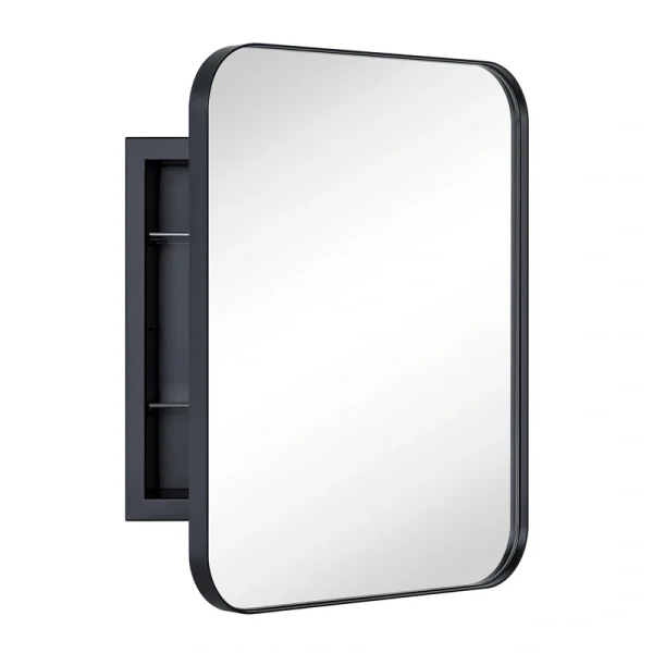 TEHOME 14-in x 18-in Recessed Mount Matte Black Mirrored Medicine Cabinet