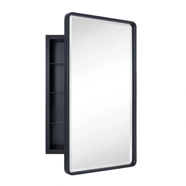 TEHOME 16.5-in x 27.5-in Recessed Mount Matt Black Mirrored Medicine Cabinet