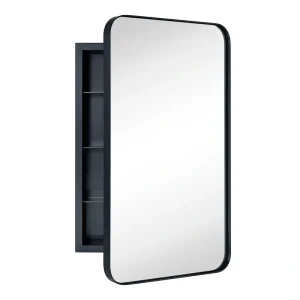 TEHOME 16.5-in x 27.5-in Recessed Mount Matte Black Mirrored Medicine Cabinet