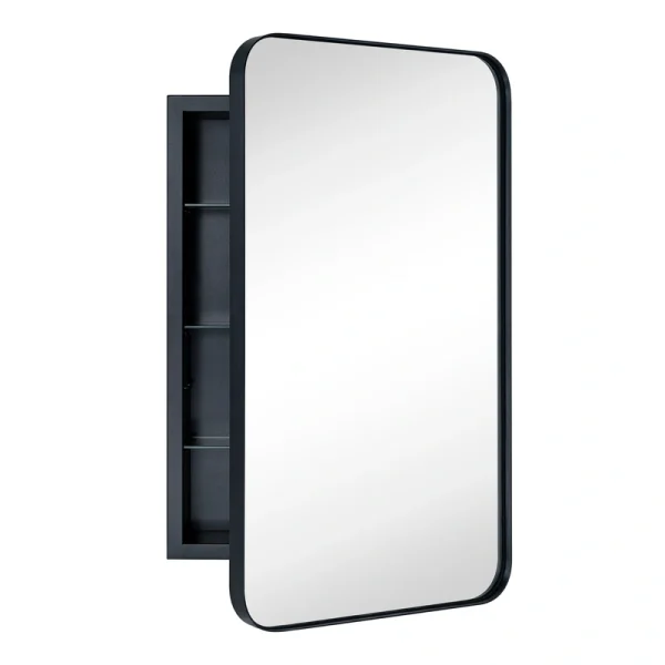 TEHOME 16.5-in x 27.5-in Recessed Mount Matte Black Mirrored Medicine Cabinet