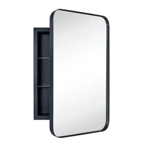TEHOME 16-in x 24-in Recessed Mount Matte Black Mirrored Medicine Cabinet