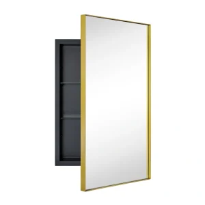 TEHOME 16-in x 26-in Recessed Mount Brushed Gold Mirrored Medicine Cabinet