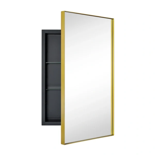 TEHOME 16-in x 26-in Recessed Mount Brushed Gold Mirrored Medicine Cabinet