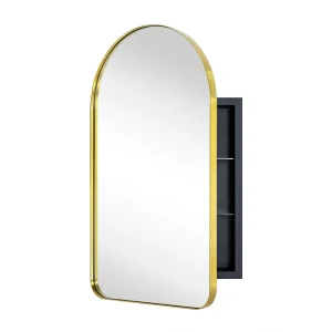 TEHOME 16-in x 28.3-in Recessed Mount Brushed Gold Mirrored Arched Medicine Cabinet