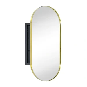 TEHOME 16-in x 33-in Recessed Mount Brushed Gold Mirrored Oval Medicine Cabinet