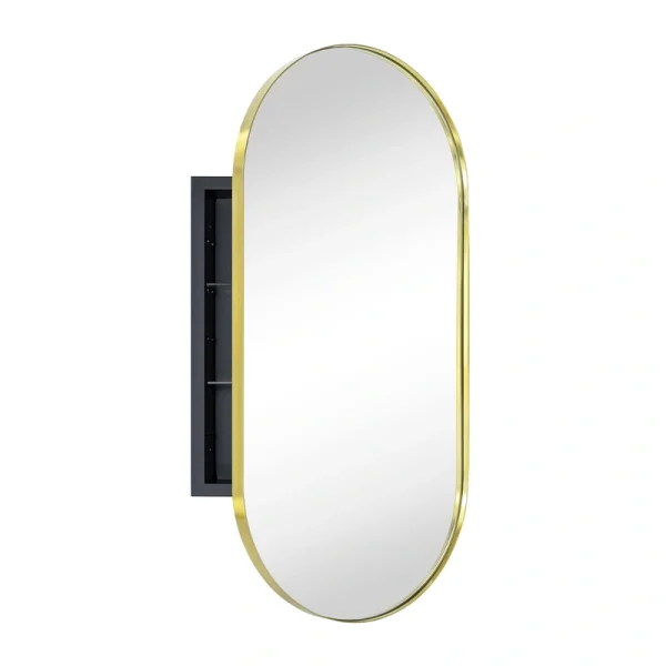 TEHOME 16-in x 33-in Recessed Mount Brushed Gold Mirrored Oval Medicine Cabinet