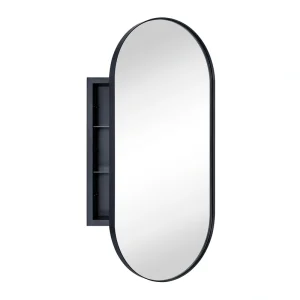 TEHOME 16-in x 33-in Recessed Mount Matt Black Mirrored Oval Medicine Cabinet