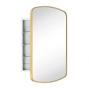 TEHOME 18-in x 27-in Surface/Recessed Mount Brushed Gold Mirrored Arched Soft Close Medicine Cabinet