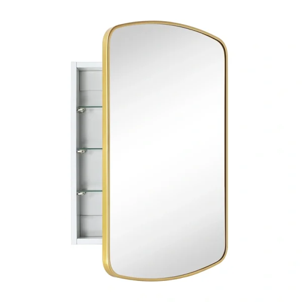 TEHOME 18-in x 27-in Surface/Recessed Mount Brushed Gold Mirrored Arched Soft Close Medicine Cabinet