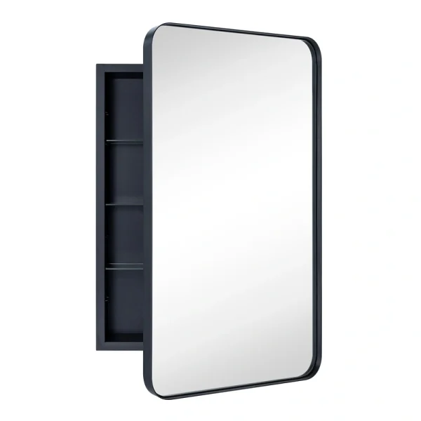 TEHOME 20-in x 30-in Recessed Mount Matte Black Mirrored Medicine Cabinet