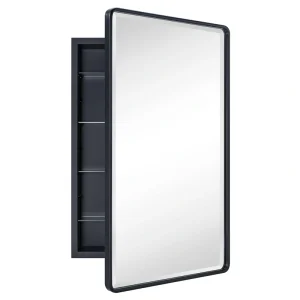 TEHOME 21-in x 34-in Recessed Mount Matt Black Mirrored Medicine Cabinet