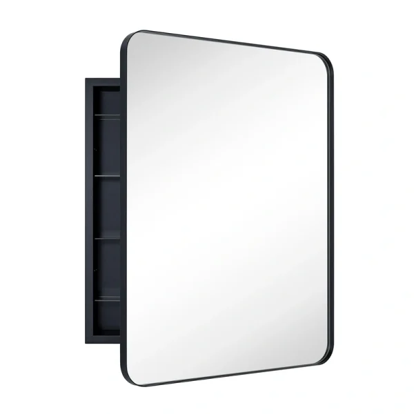 TEHOME 24-in x 30-in Recessed Mount Matte Black Mirrored Medicine Cabinet