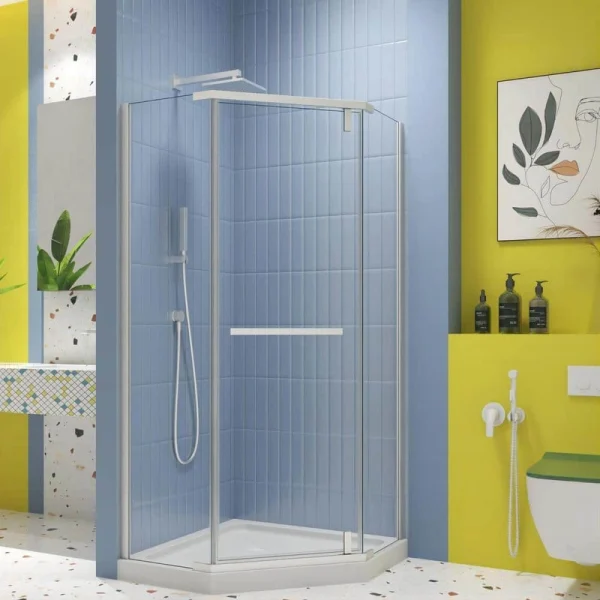 TOOLKISS 34.75 in. W x 72 in. H Neo-Angle Pivot Semi Frameless Corner Shower Enclosure in White with Clear Glass