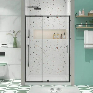 TOOLKISS 44 to 48 in. W x 71 in. H Framed Pivot Shower Door in Black with Clear Glass