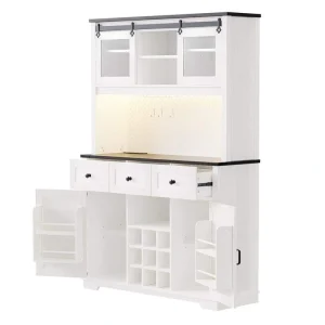 tunuo Kitchen Cabinet White Wood 71 in. W Pantry Bar Cabinet with Internal Storage Rack in White