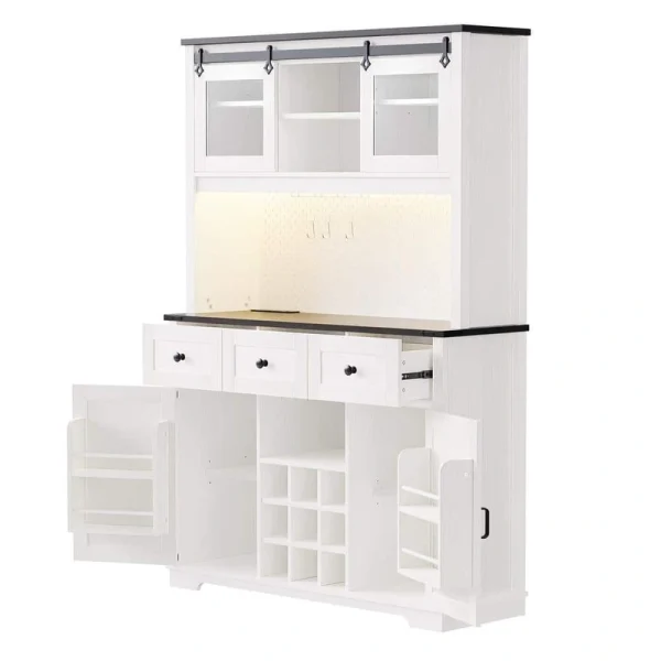 tunuo Kitchen Cabinet White Wood 71 in. W Pantry Bar Cabinet with Internal Storage Rack in White