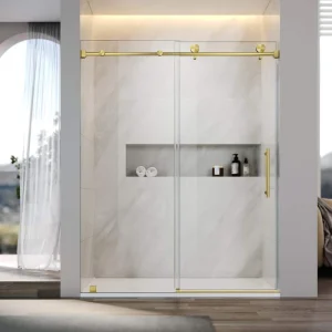 UNIKOO UKS03 60 in. W x 76 in. H Sliding Frameless Shower Door in Satin Brass with Enduro Shield 5/16 in. SGCC Clear Glass