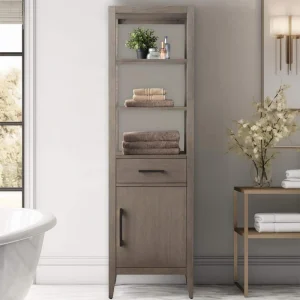 Vanity Art 21 in. W x 17 in. D x 72 in. H Brown MDF Floor Standing Linen Cabinet with Soft Close Door in Driftwood Gray/MB