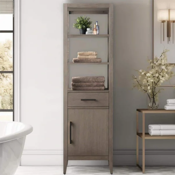 Vanity Art 21 in. W x 17 in. D x 72 in. H Brown MDF Floor Standing Linen Cabinet with Soft Close Door in Driftwood Gray/MB