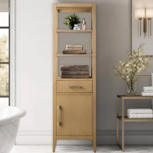 Vanity Art 21 in. W x 17 in. D x 72 in. H Brown MDF Floor Standing Linen Cabinet with Soft Close Door in Natural Oak/BN