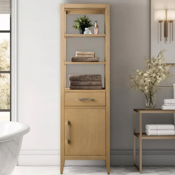 Vanity Art 21 in. W x 17 in. D x 72 in. H Brown MDF Floor Standing Linen Cabinet with Soft Close Door in Natural Oak/BN