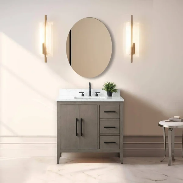 Vanity Art 36 in. W x 22 in. D x 34 in. H Single-Sink Bath Vanity in Driftwood Gray with Engineered Marble Top in Arabescato White T726947962