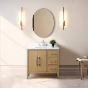Vanity Art 36 in. W. x 22 in. D x 34 in. H Single Sink Bathroom Vanity Cabinet in Natural Oak with Engineered Marble Top in White