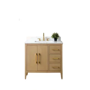 Vanity Art 36 in. W x 22 in. D x 34 in. H Single-Sink Bathroom Vanity in Natural Oak with Engineered Marble Top in Arabescato White T726948348