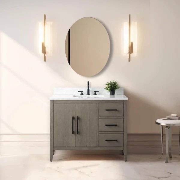 Vanity Art 42 in. W x 22 in. D x 34 in. H Single-Sink Bath Vanity in Driftwood Gray with Engineered Marble Top in Arabescato White T726947961