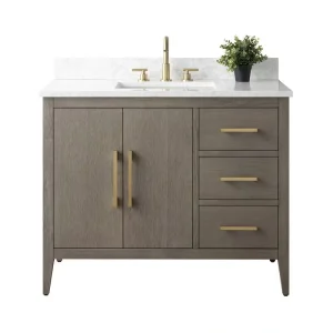 Vanity Art 42 in. W x 22 in. D x 34 in. H Single-Sink Bath Vanity in Driftwood Gray with Engineered Marble Top in Arabescato White T726948346