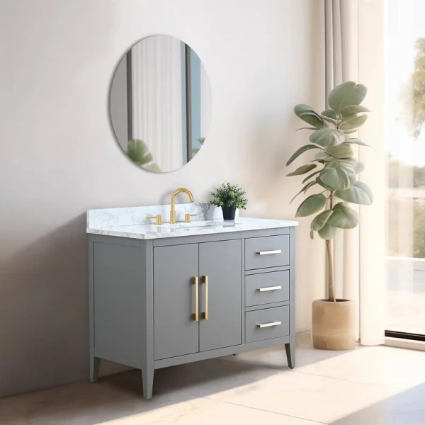 Vanity Art 42 in. W x 22 in. D x 34 in. H Single Sink Bathroom Vanity Cabinet in Cashmere Gray with Engineered Marble Top T726947964