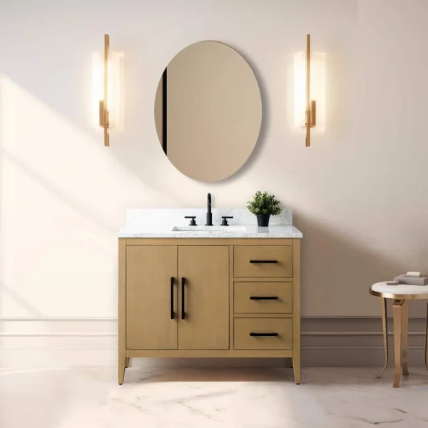 Vanity Art 42 in. W x 22 in. D x 34 in. H Single-Sink Bathroom Vanity in Natural Oak with Engineered Marble Top in Arabescato White T726947956