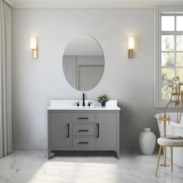 Vanity Art 48 in. W x 22 in. D x 34 in. H Single Sink Bathroom Vanity Cabinet in Cashmere Gray with Engineered Marble Top T726947963
