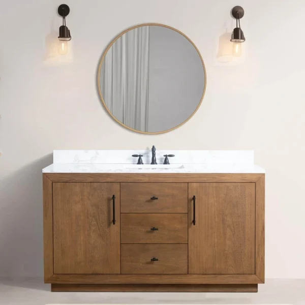 Vanity Art 60 in. W x 21.5 in. D x 34 in. H Single Sink Bathroom Vanity in Tan with Arabescato White Engineered Marble Top